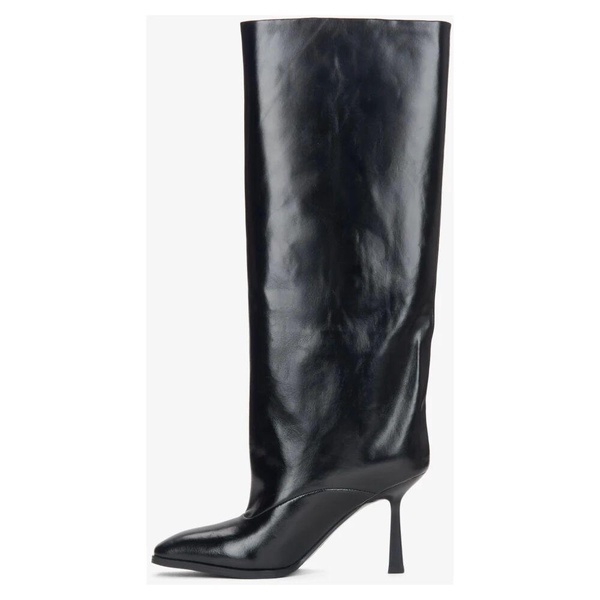 Black Patent Leather Boots with Stiletto Heel and Loose Shaft