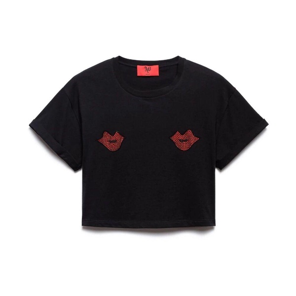 Black Kiss Cropped T-shirt with Rhinestones