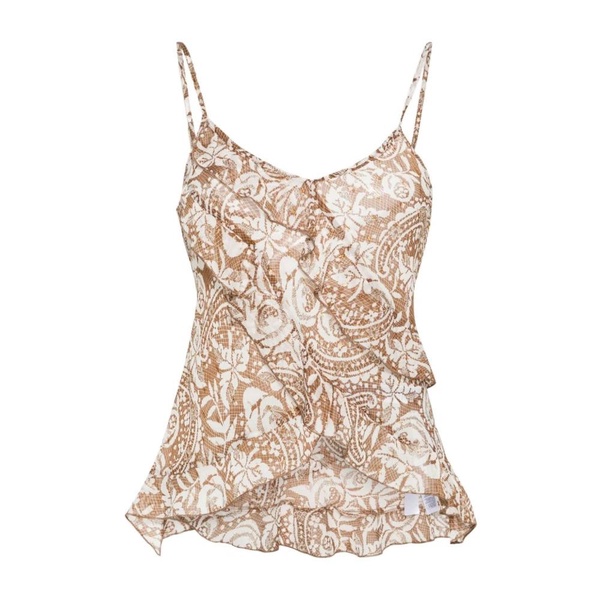 Asymmetric Ruffle Top Brown White