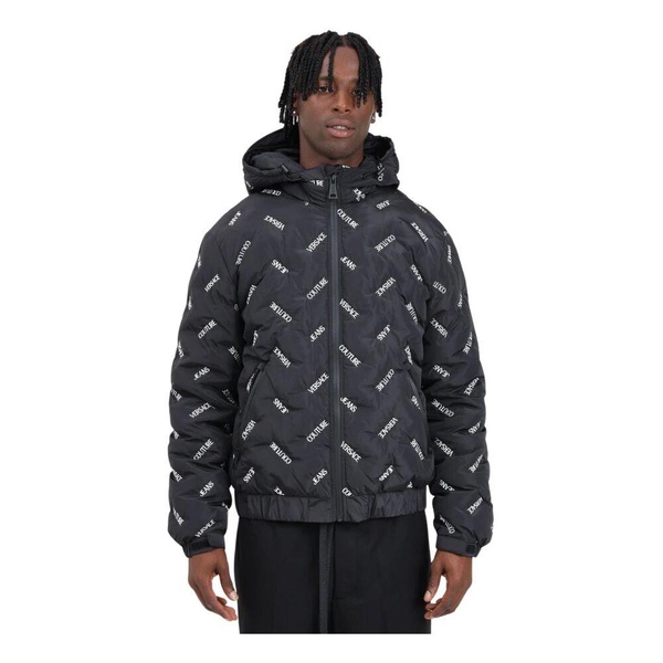 Black Puffer Coat with Logo Embroidery
