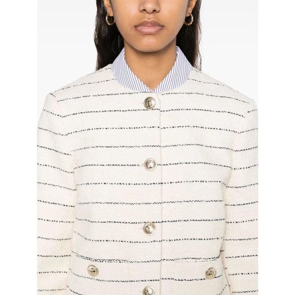Ecru Button-Up Collarless Jacket with Pockets