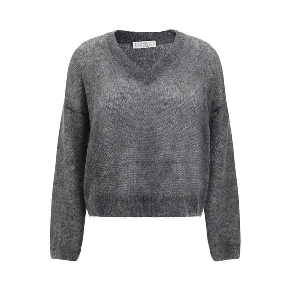 Mohair V-Neck Sweater with Ribbed Hem