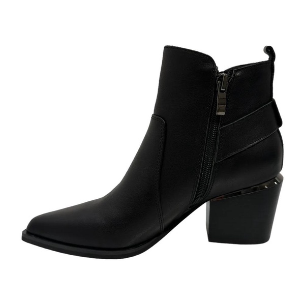 Black leather ankle boots with zippers and buckle