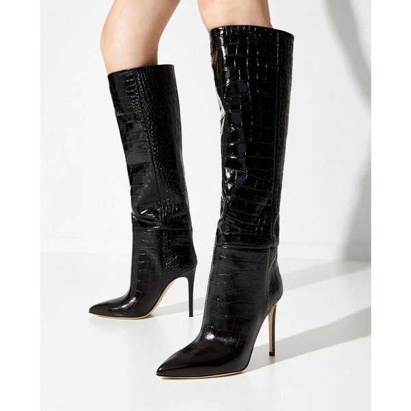 Black Crocodile-Effect Knee-High Stiletto Boots