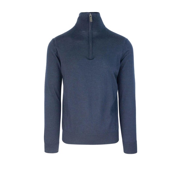 Blue Wool Slim Fit Half-Zip Sweater