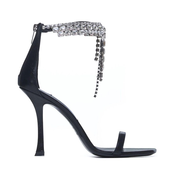 Black Heeled Leather Sandals with Crystals