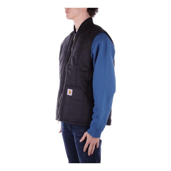 Black Sleeveless Logo Front Zipper Coat