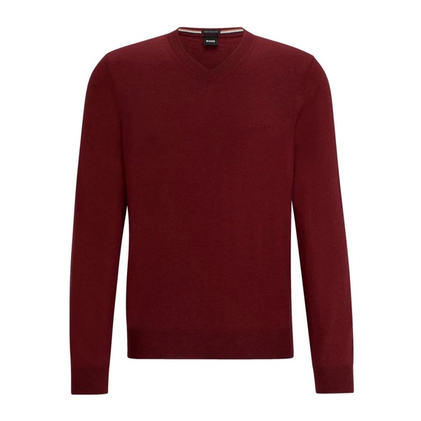 Mens V-Neck Pure Wool Sweater in Dark Red