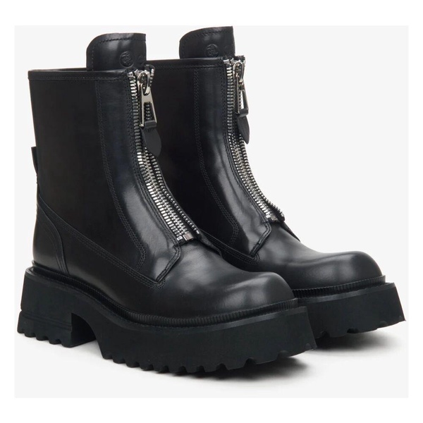 Black Leather Ankle Boots with Decorative Zipper