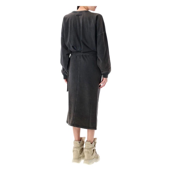 Black Draped Sweatshirt Dress with Tie-Up Waist