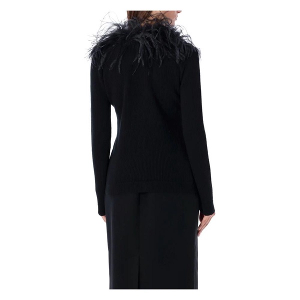 Feather Trim V-Neck Black Cardigan
