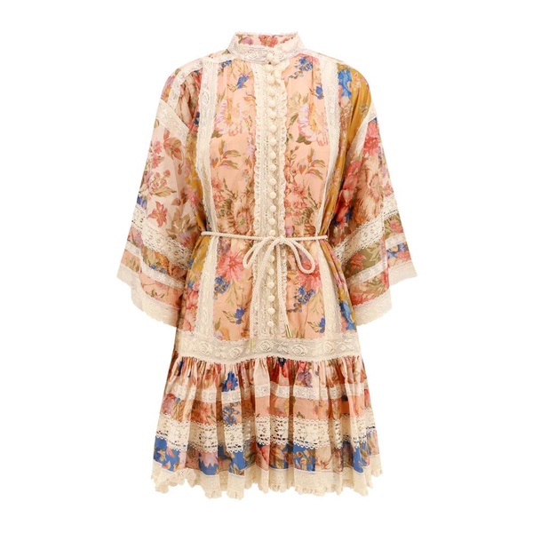 Cotton Lace Mini Dress with Embroidered Sleeves