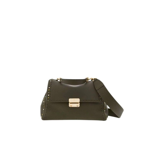 Khaki Leather Shoulder Bag with Colorful Stones