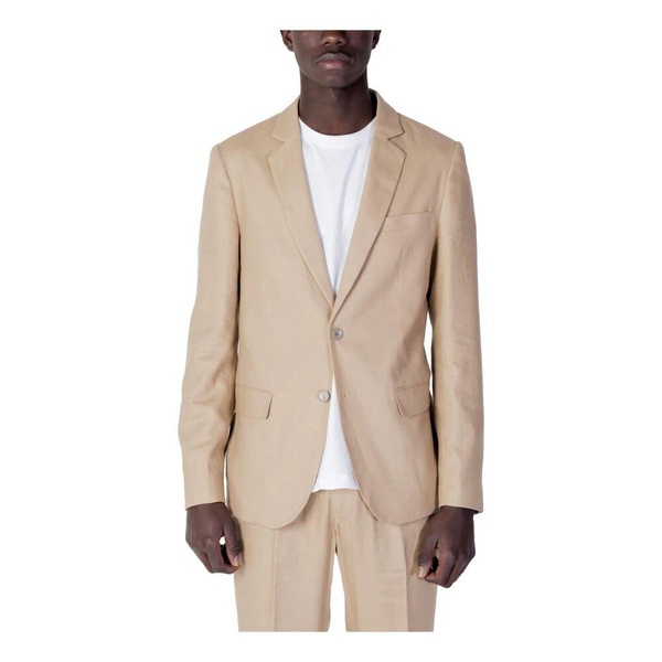 Beige Plain Blazer with Lapel Collar
