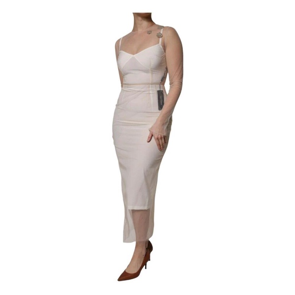 White Sheer Tulle Bodycon Midi Dress