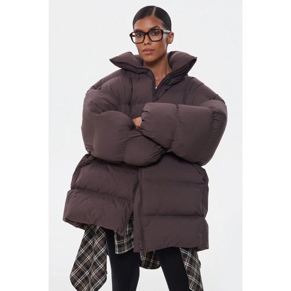 Women's Dark Brown Quilted Puffer Jacket with a High Collar Estro ER00116295