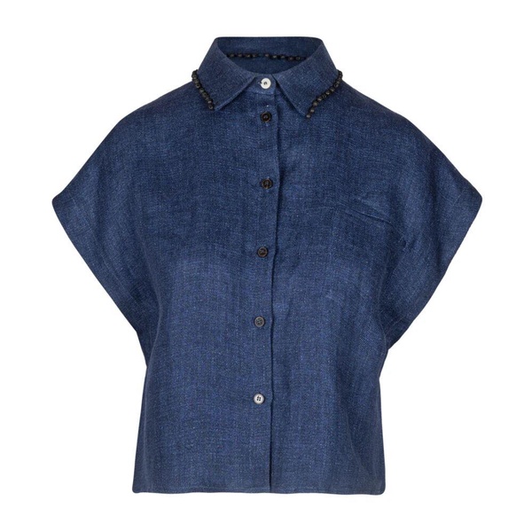 Linen Crop Shirt with Beaded Collar
