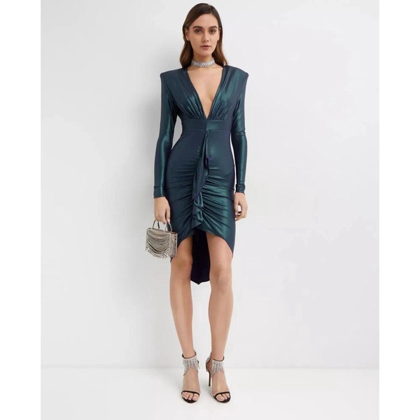 Green draped dress with deep V-neck