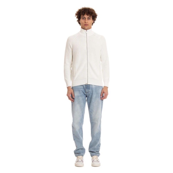 White Ribbed Cotton Full Zip Cardigan