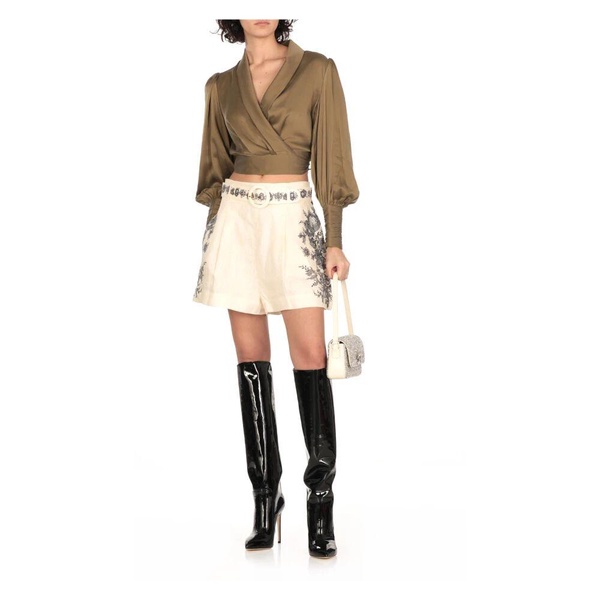 Green Silk V-Neck Top with Self Tie Laces