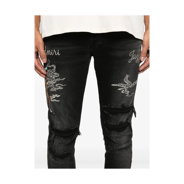 Black Ripped Jeans with Embroidered Motif