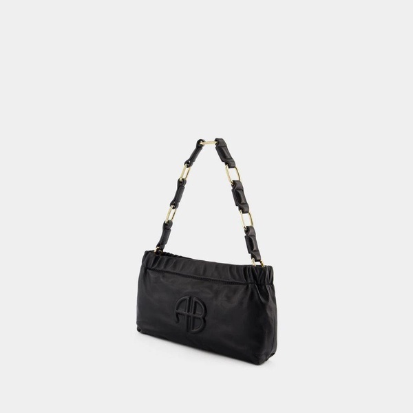 Black Leather Shoulder Bag with Gold-Tone Hardware