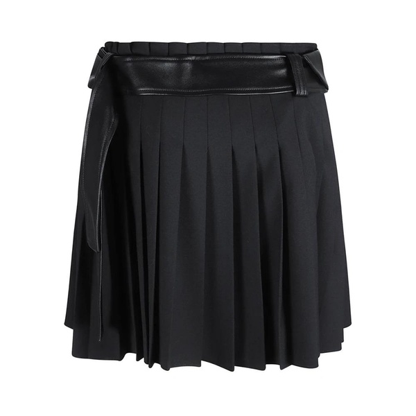 Black Pleated Skirt with Leather Trim