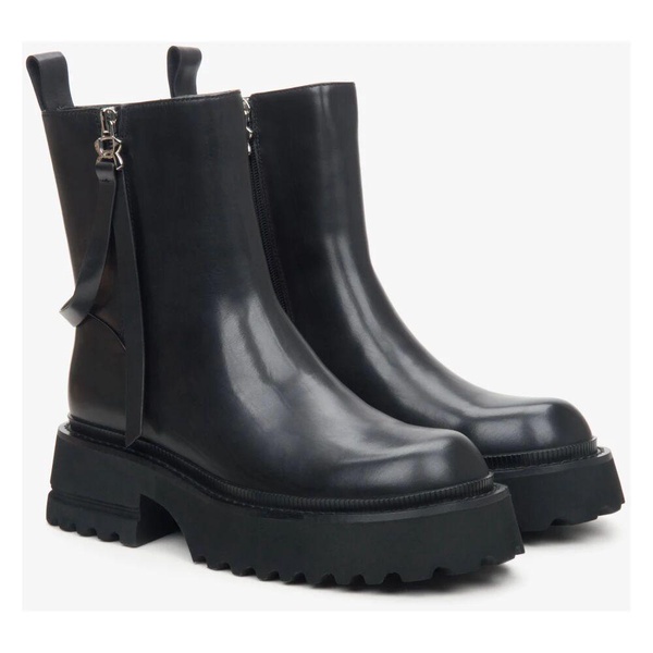 Black Leather Ankle Boots with Decorative Strap