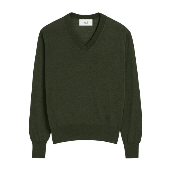 Green V-Neck Sweater with Ribbed Details