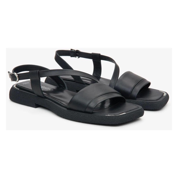 Women's Black Leather Flat Sandals with a Comfortable Sole Estro ER00115113