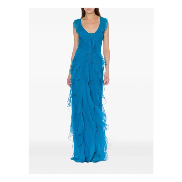 Turquoise Silk Ruffled Gown Maxi Dress
