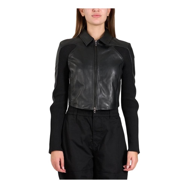 Cropped leather jacket with knit panels