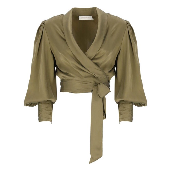 Green Silk V-Neck Top with Self Tie Laces