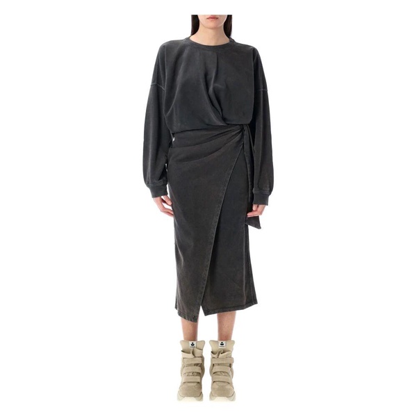 Black Draped Sweatshirt Dress with Tie-Up Waist