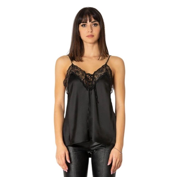 Black Satin Top with Lace Detail