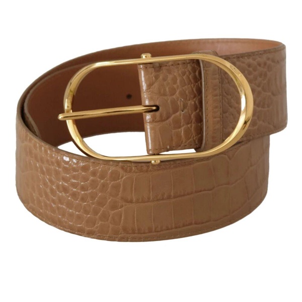 Brown Beige Leather Gold Metal Oval Buckle Belt