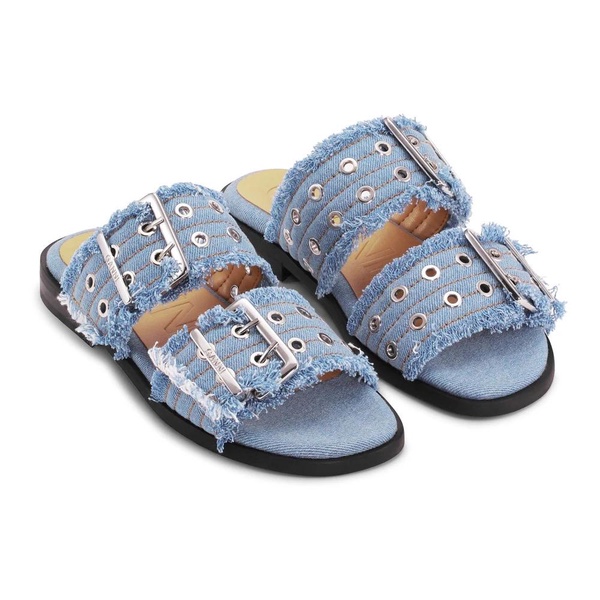 Blue Feminine Buckle Two Strap Sandals