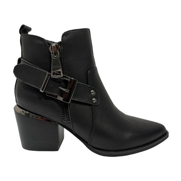 Black leather ankle boots with zippers and buckle