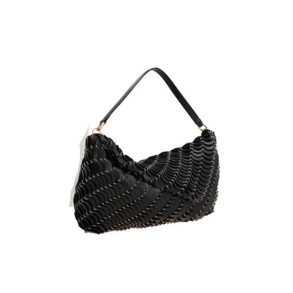 Black Leather Shoulder Bag with Gold Metal Accents
