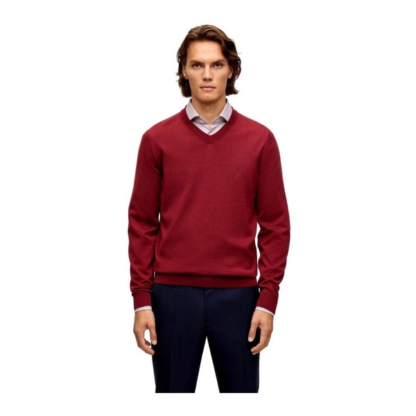 Mens V-Neck Pure Wool Sweater in Dark Red
