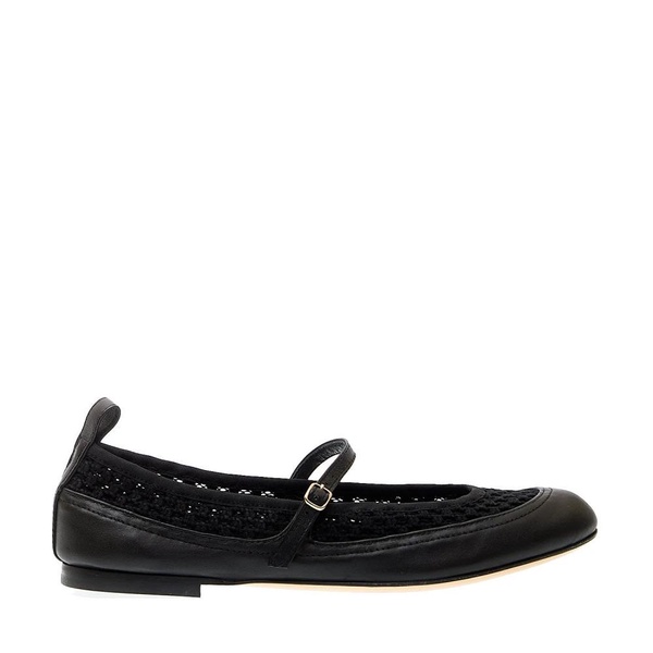 Black Leather Ballerina Shoes Mesh Strap