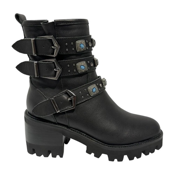 Black leather ankle boots with buckles and studs