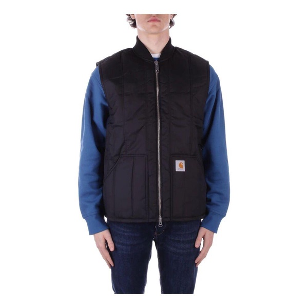 Black Sleeveless Logo Front Zipper Coat