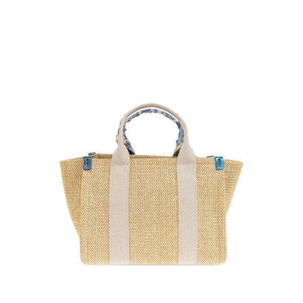 Beige Woven Tote Bag with Scarf Detail