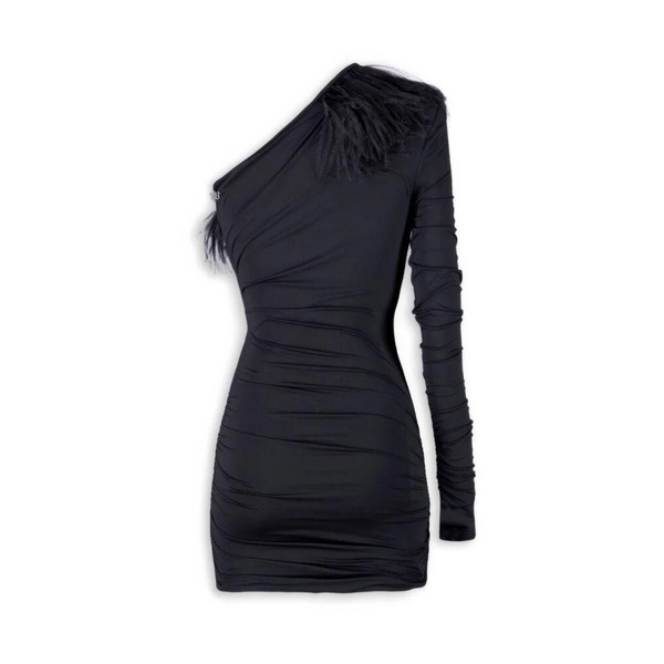 Feather Detail Asymmetrical One-Sleeve Dress