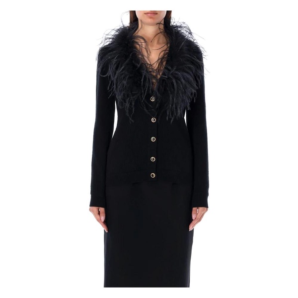 Feather Trim V-Neck Black Cardigan