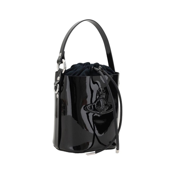Patent Leather Drawstring Bucket Bag with Orb Detailing