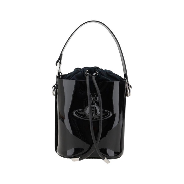 Patent Leather Drawstring Bucket Bag with Orb Detailing
