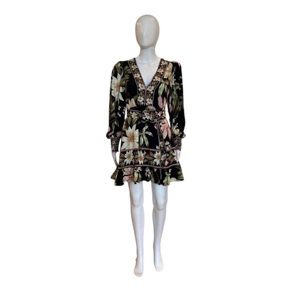 surreal flowers long sleeve mini dress in black