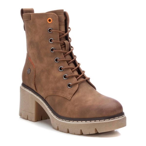 women's lace-up booties in camel